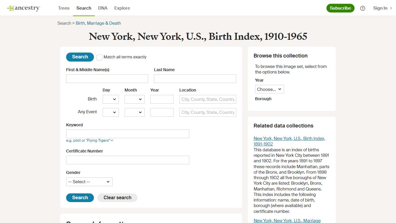 New York, New York, U.S., Birth Index, 1910-1965 - Ancestry